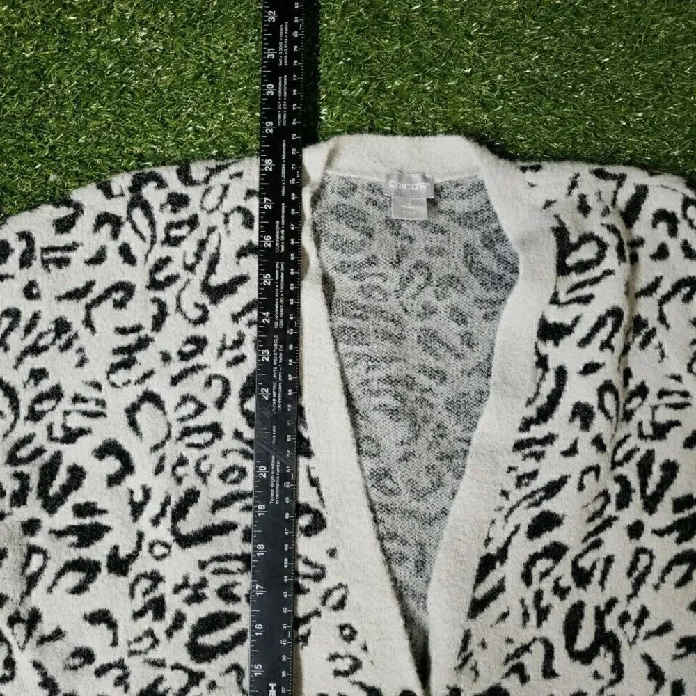 Chico's Snow Leopard Print Cardigan 2 Pockets Fuzzy Longline Knit Sweater - Picture 5 of 6